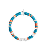 Load image into Gallery viewer, Bracciale Rondelle Tenaka DoDo in argento 925 e plastica riciclata verde mare e corallo, con scritta &quot;sea&quot; in argento.
