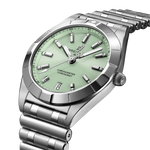 Load image into Gallery viewer, Dettaglio quadrante verde menta con lancette e indici luminescenti.
