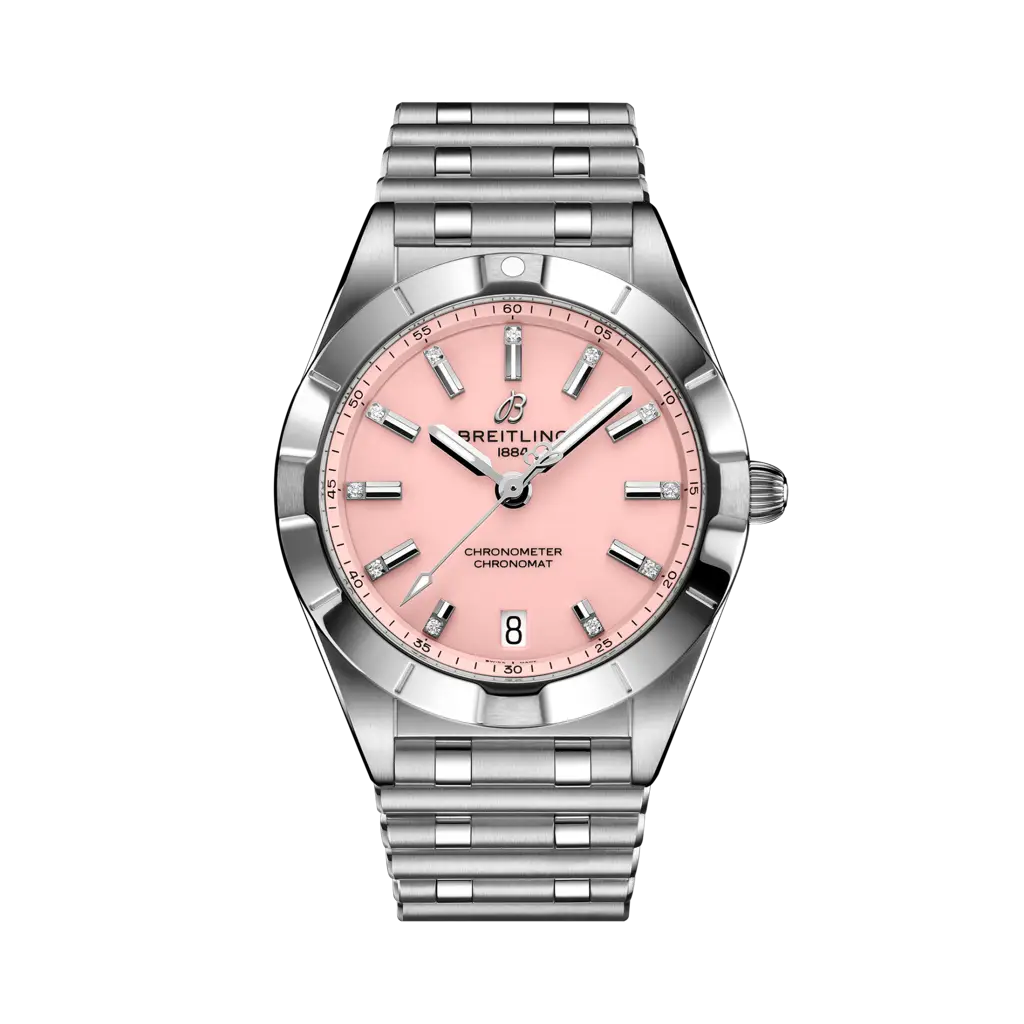 Breitling Chronomat 32 con cassa in acciaio da 32 mm e quadrante rosa luminoso.