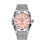 Breitling Chronomat 32 con cassa in acciaio da 32 mm e quadrante rosa luminoso.