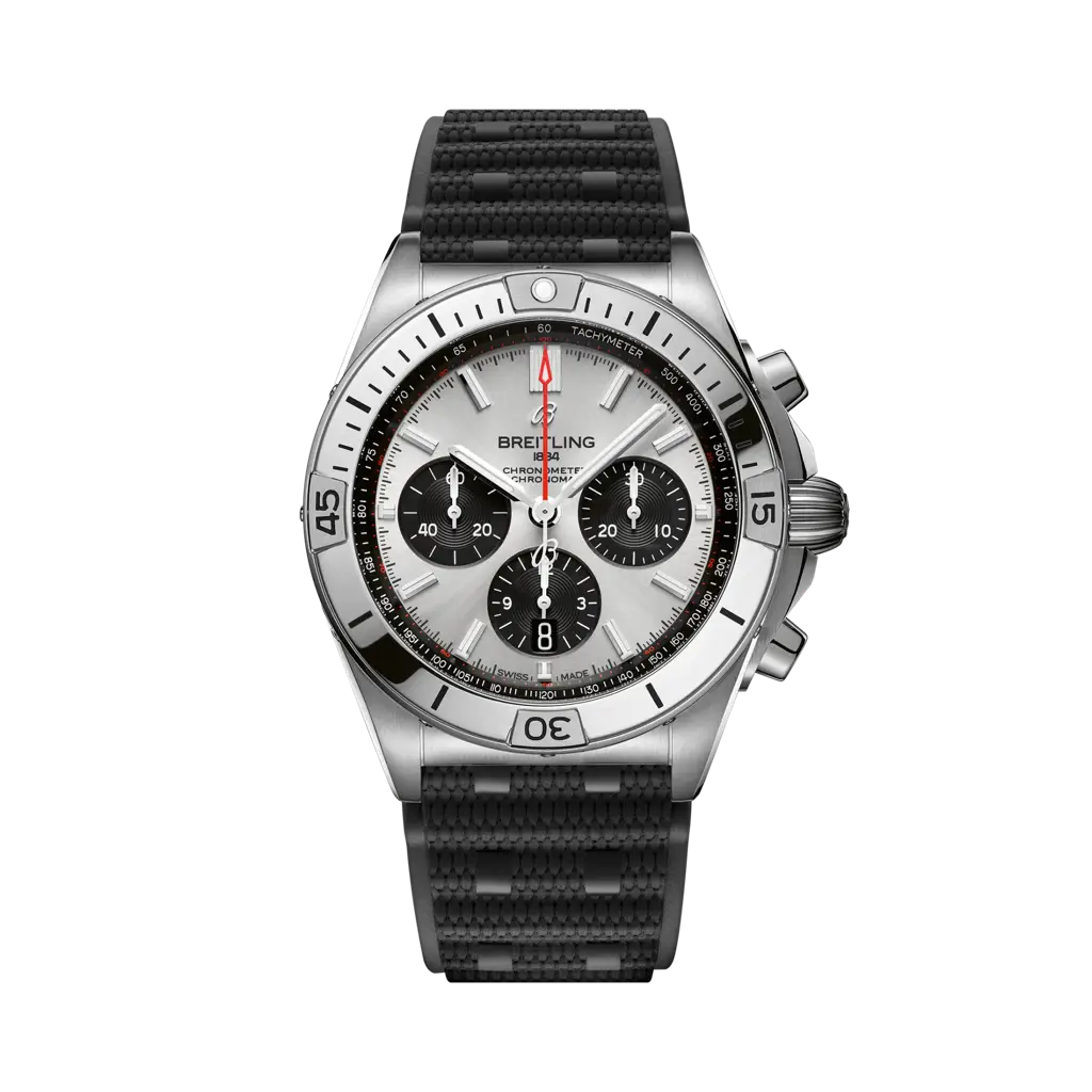 Breitling Chronomat B01 42 con cassa in acciaio inox da 42 mm e quadrante protetto da vetro zaffiro bombato.