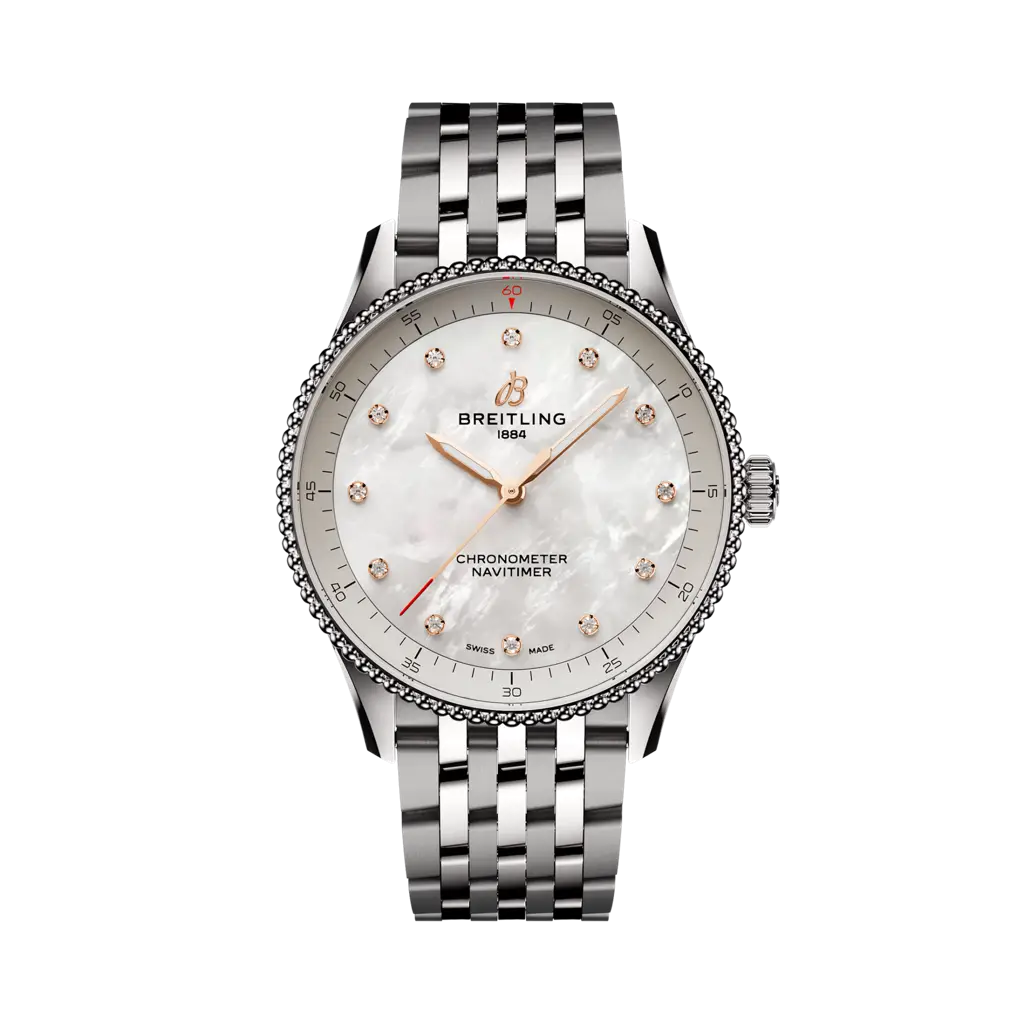 Vista frontale del Breitling Navitimer 32 A77320E61A2A1 su bracciale in acciaio con quadrante madreperla bianco e indici in diamanti.