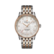 Quadrante madreperla bianco del Breitling Navitimer 32 con indici diamantati e lancette luminescenti, vetro zaffiro bombato antiriflesso