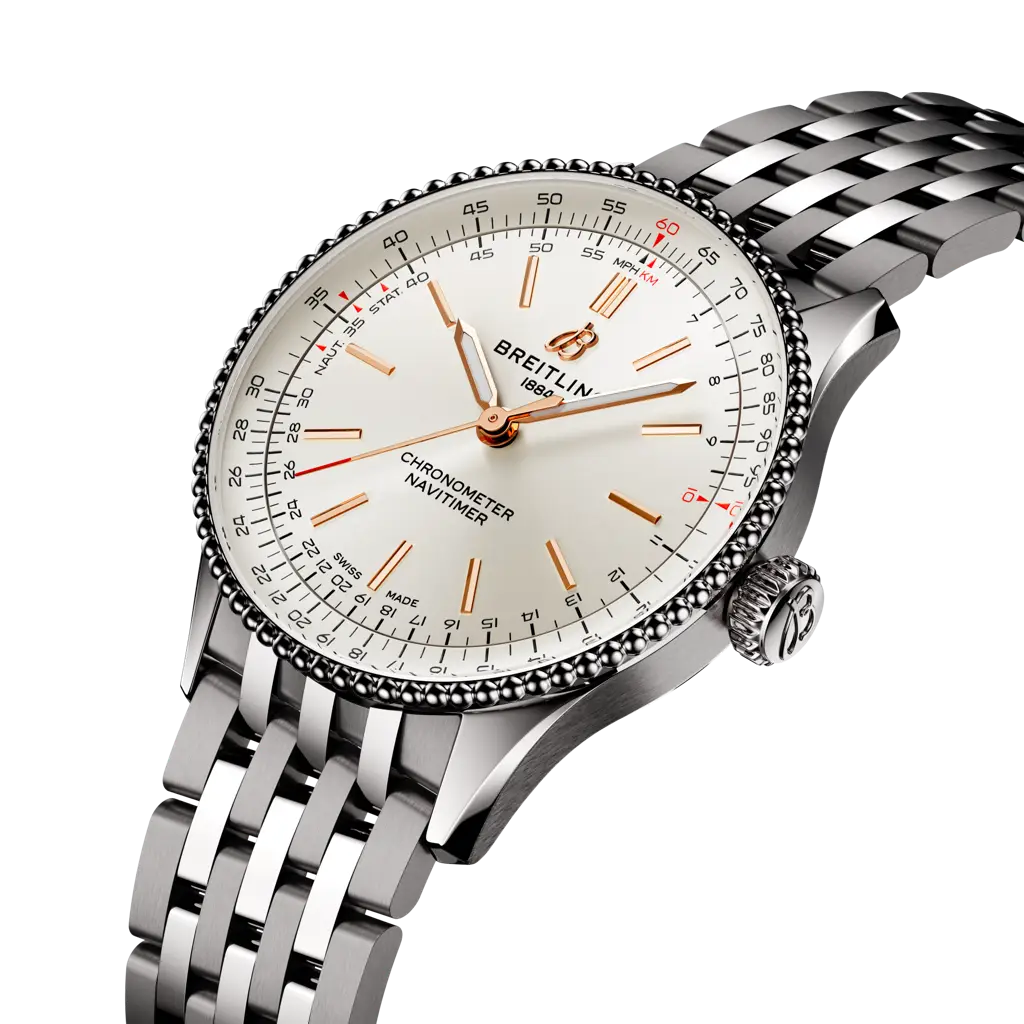 Fondello avvitato in acciaio inossidabile del Breitling Navitimer Automatic 36, modello meccanico a carica automatica con calibro Breitling 17 e riserva di carica circa 38 ore.