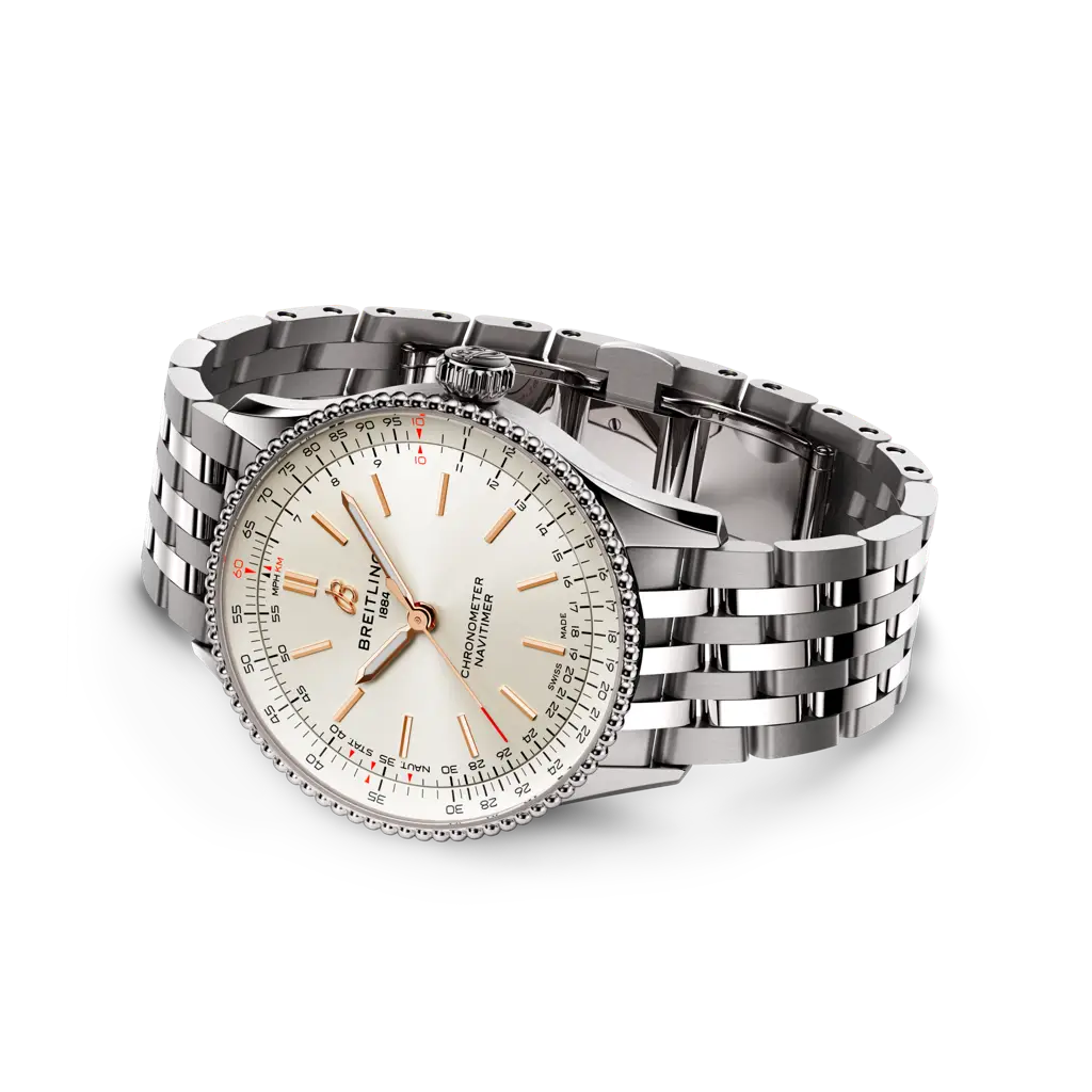 Cassa in acciaio inossidabile e cinturino in pelle di coccodrillo antracite del Breitling Navitimer Automatic 36, con lunetta bidirezionale e vetro zaffiro bombato antiriflesso.