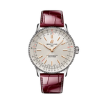 Load image into Gallery viewer, Quadrante bianco del Breitling Navitimer Automatic 36 con lancette e indici luminescenti, e regolo calcolatore circolare iconico

