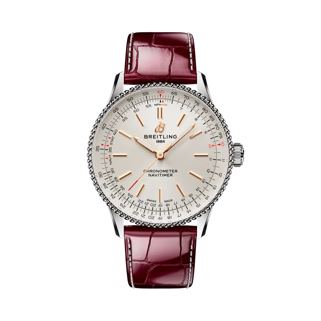 Quadrante bianco del Breitling Navitimer Automatic 36 con lancette e indici luminescenti, e regolo calcolatore circolare iconico