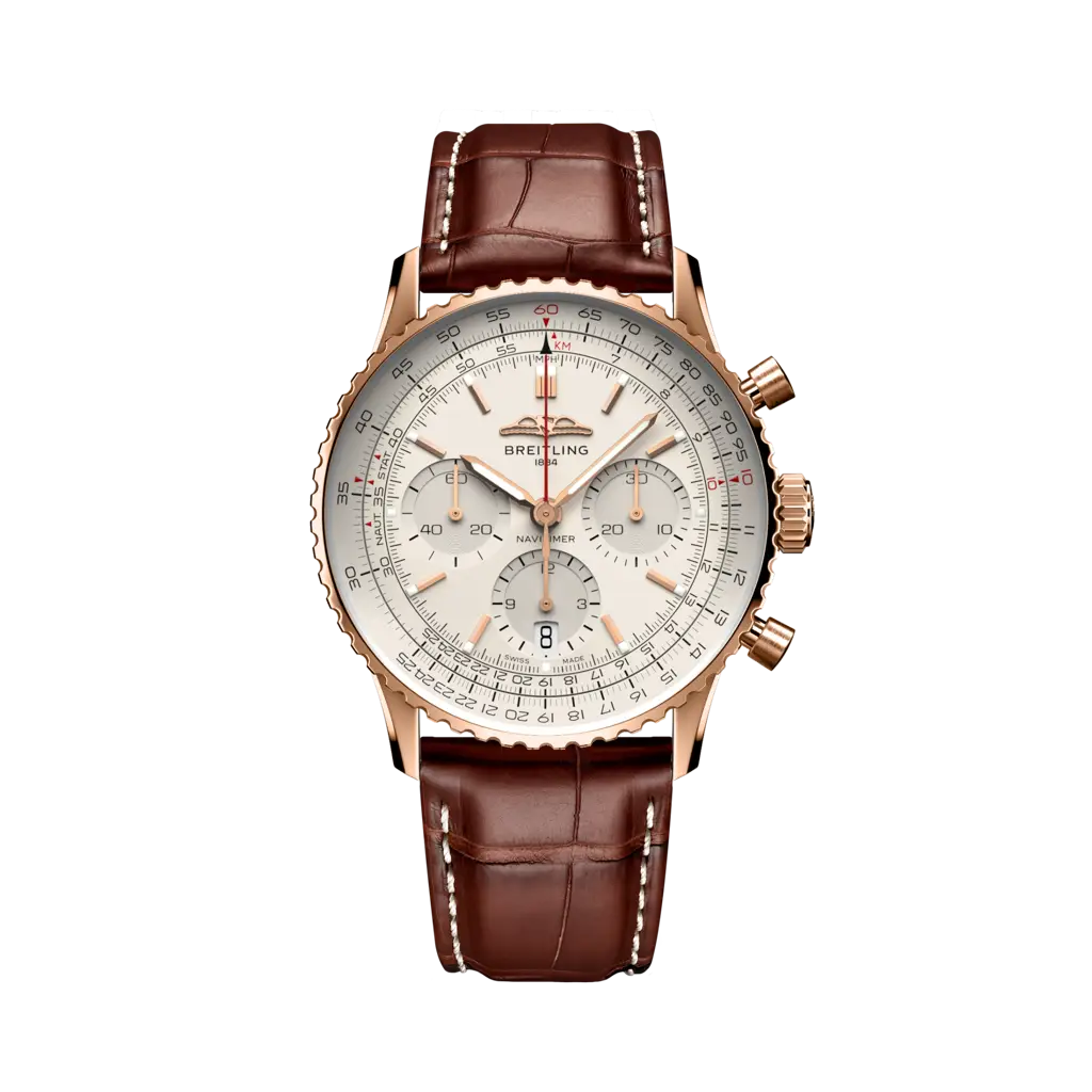 Quadrante nero con dettagli dorati, tre contatori cronografo, lancette luminescenti e datario a finestrella dell'orologio Breitling Navitimer B01 Chronograph 41
