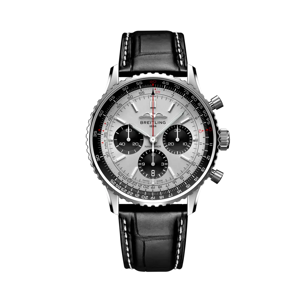 Orologio Breitling Navitimer B01 Chronograph 43 con quadrante blu, 43 mm in acciaio inossidabile, dettagli cronografo con tre contatori neri e lancette luminescenti.