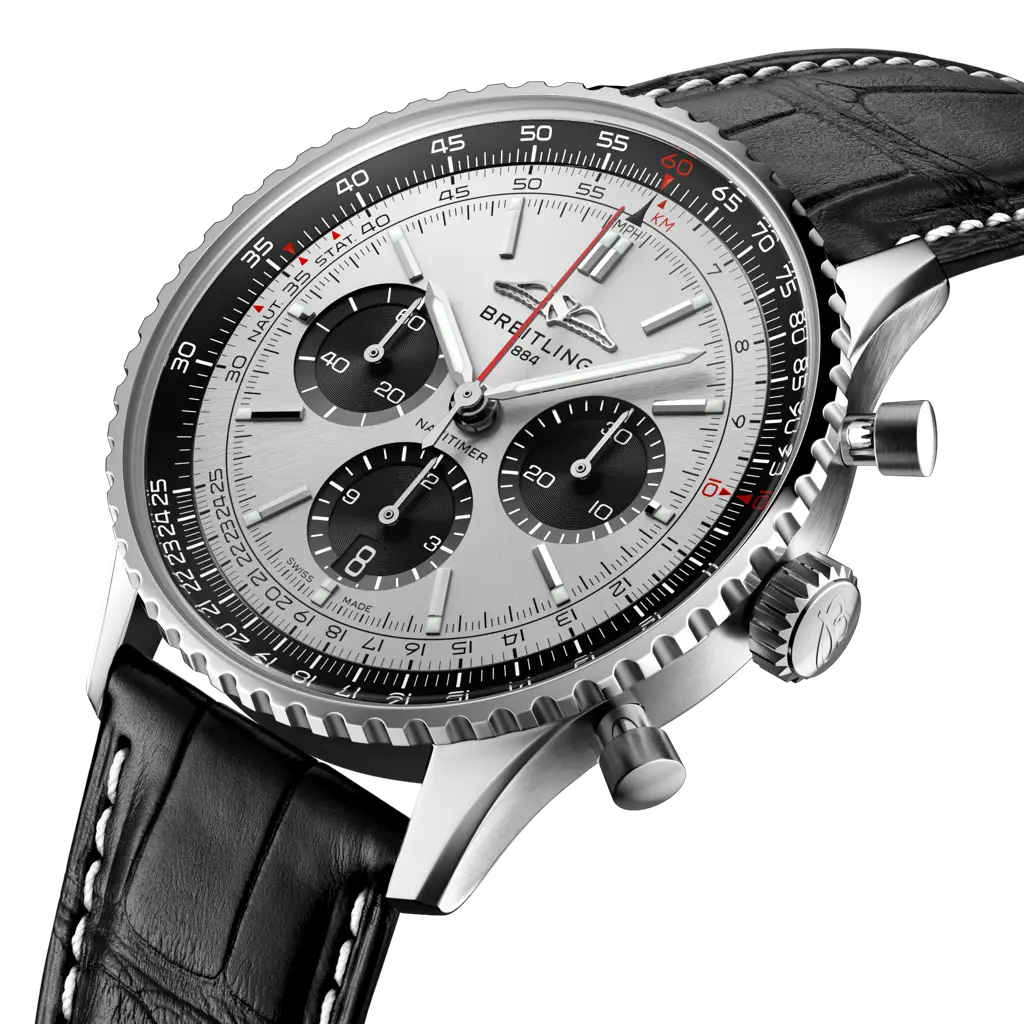 Cassa in acciaio inossidabile e bracciale in metallo acciaio del Breitling Navitimer B01 Chronograph 43, con lunetta bidirezionale e vetro zaffiro anti-riflesso.