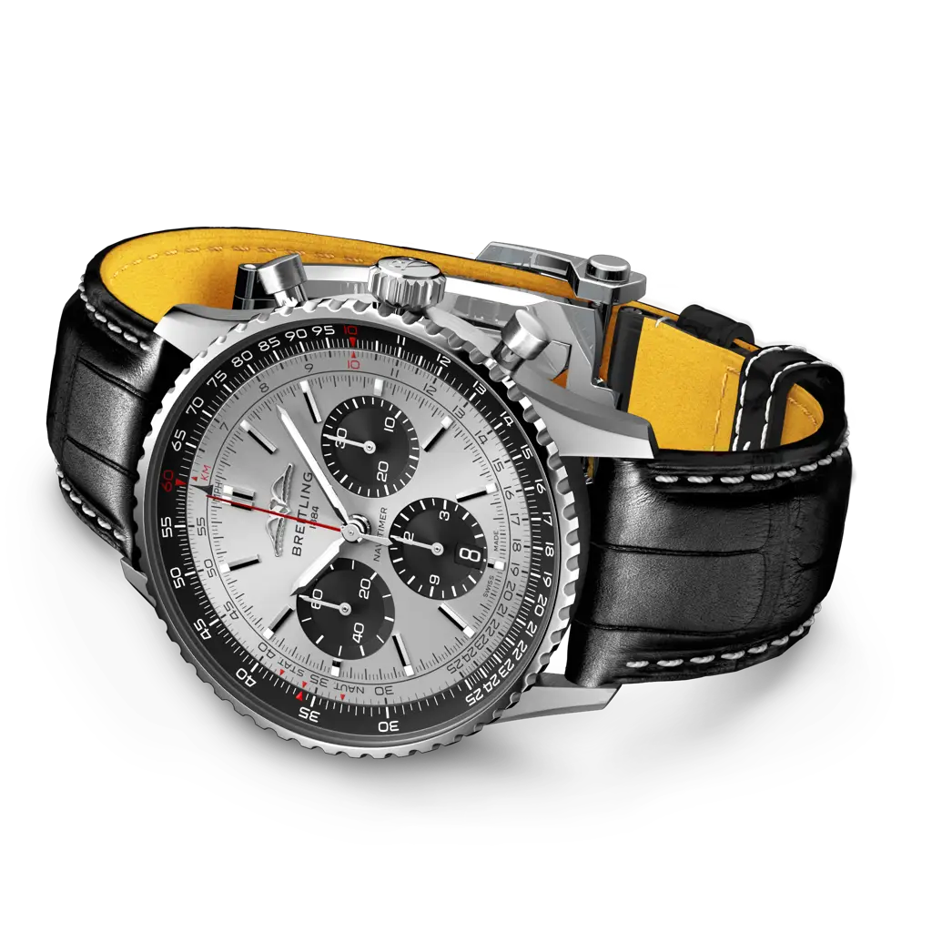 Fondello avvitato in vetro zaffiro del Breitling Navitimer B01 Chronograph 43, che mostra il movimento automatico di manifattura Breitling 01 con riserva di carica di circa 70 ore.