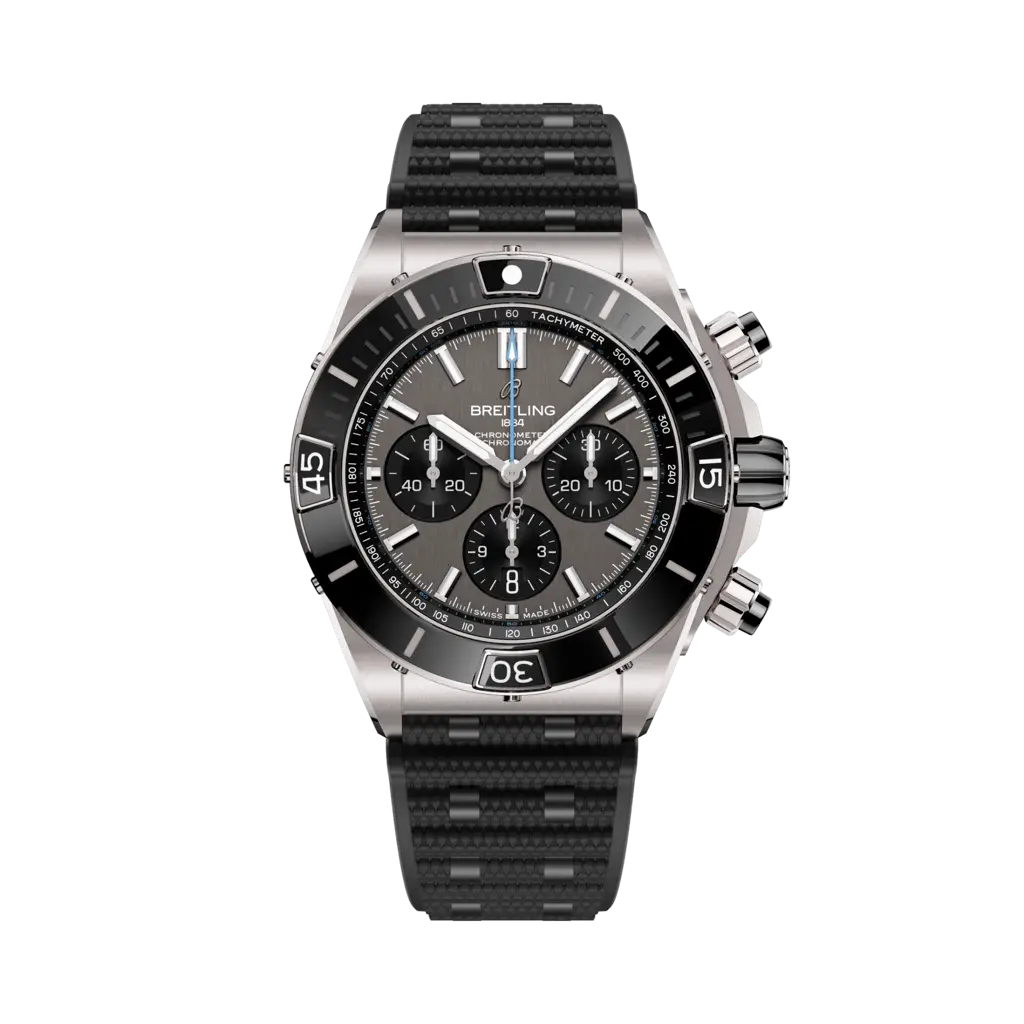 Breitling Super Chronomat B01 44 con cassa in titanio da 44 mm e quadrante grigio con contatori incassati.