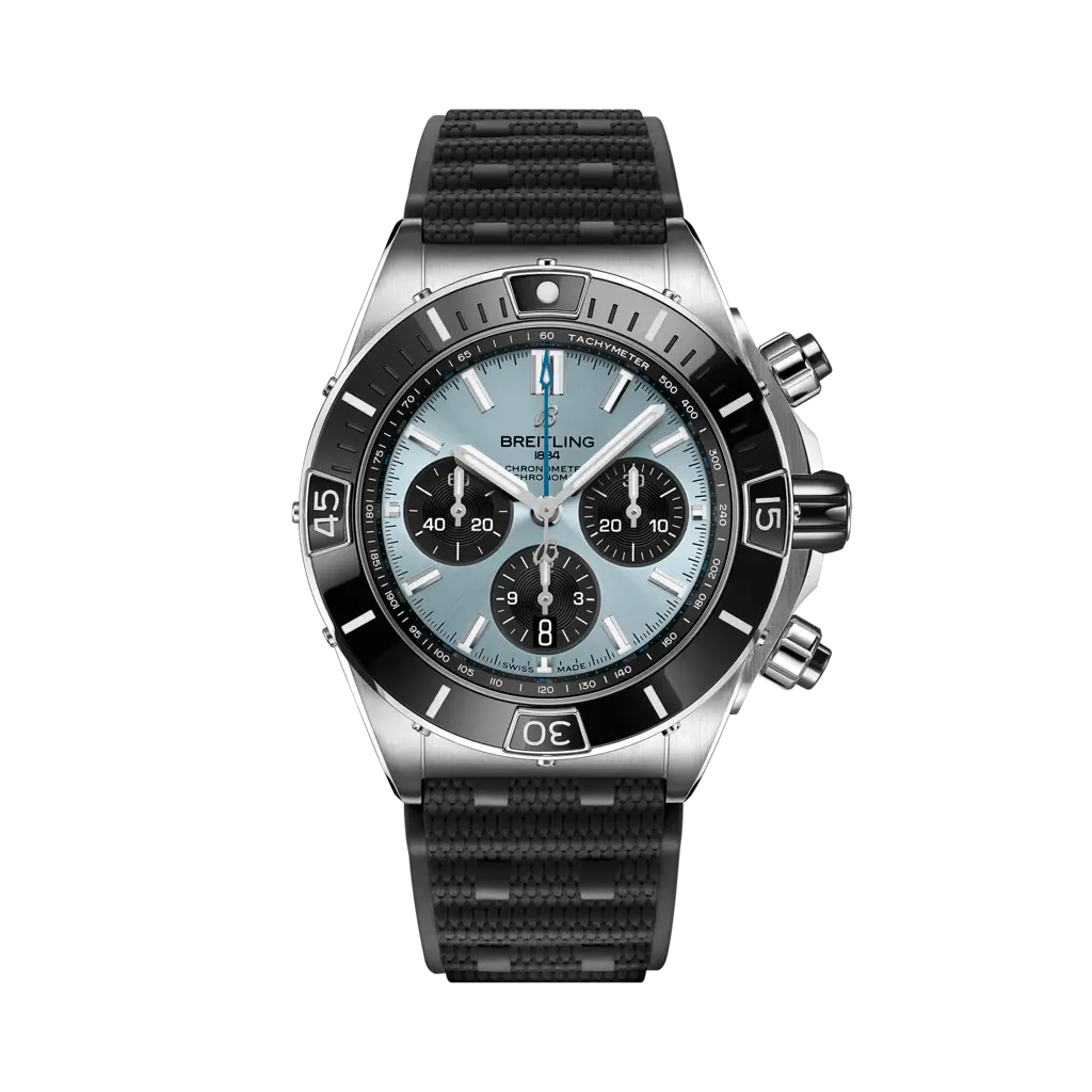 Breitling Super Chronomat B01 44 con cassa in acciaio e platino da 44 mm e quadrante nero.

