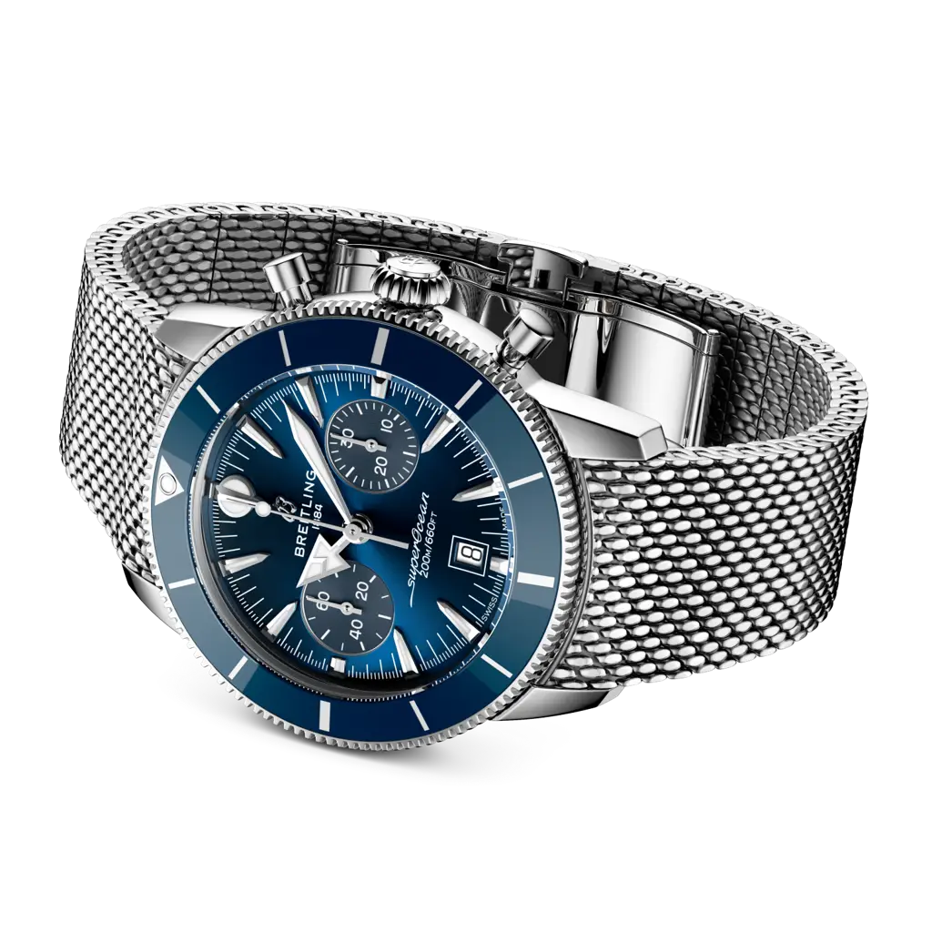 Cinturino in caucciù blu effetto maglia con fibbia pieghevole in acciaio dell'orologio Breitling Superocean Heritage B01 Chronograph 42