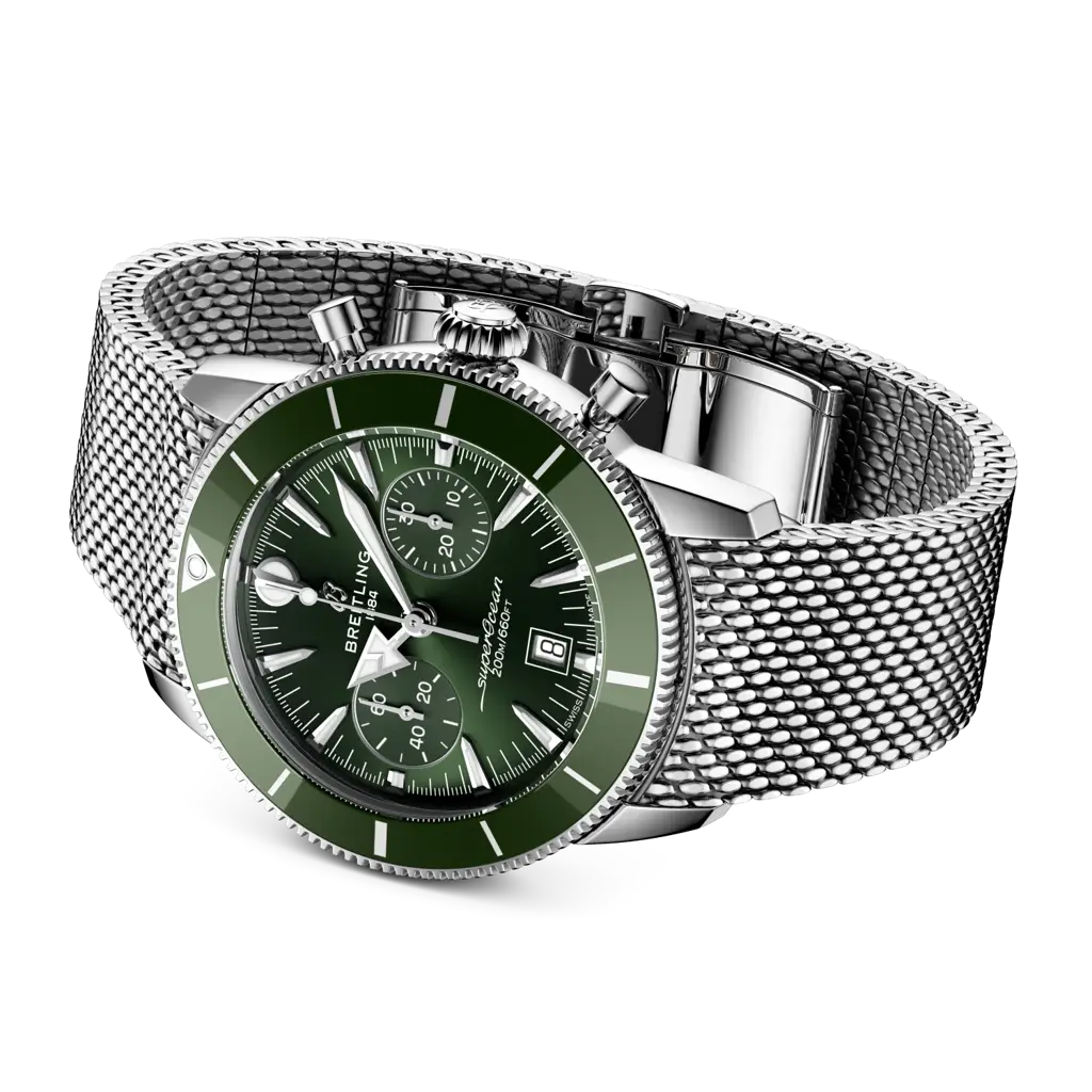 Cinturino in caucciù verde con chiusura pieghevole in acciaio inox dell'orologio Breitling Superocean Heritage B01 Chronograph 42