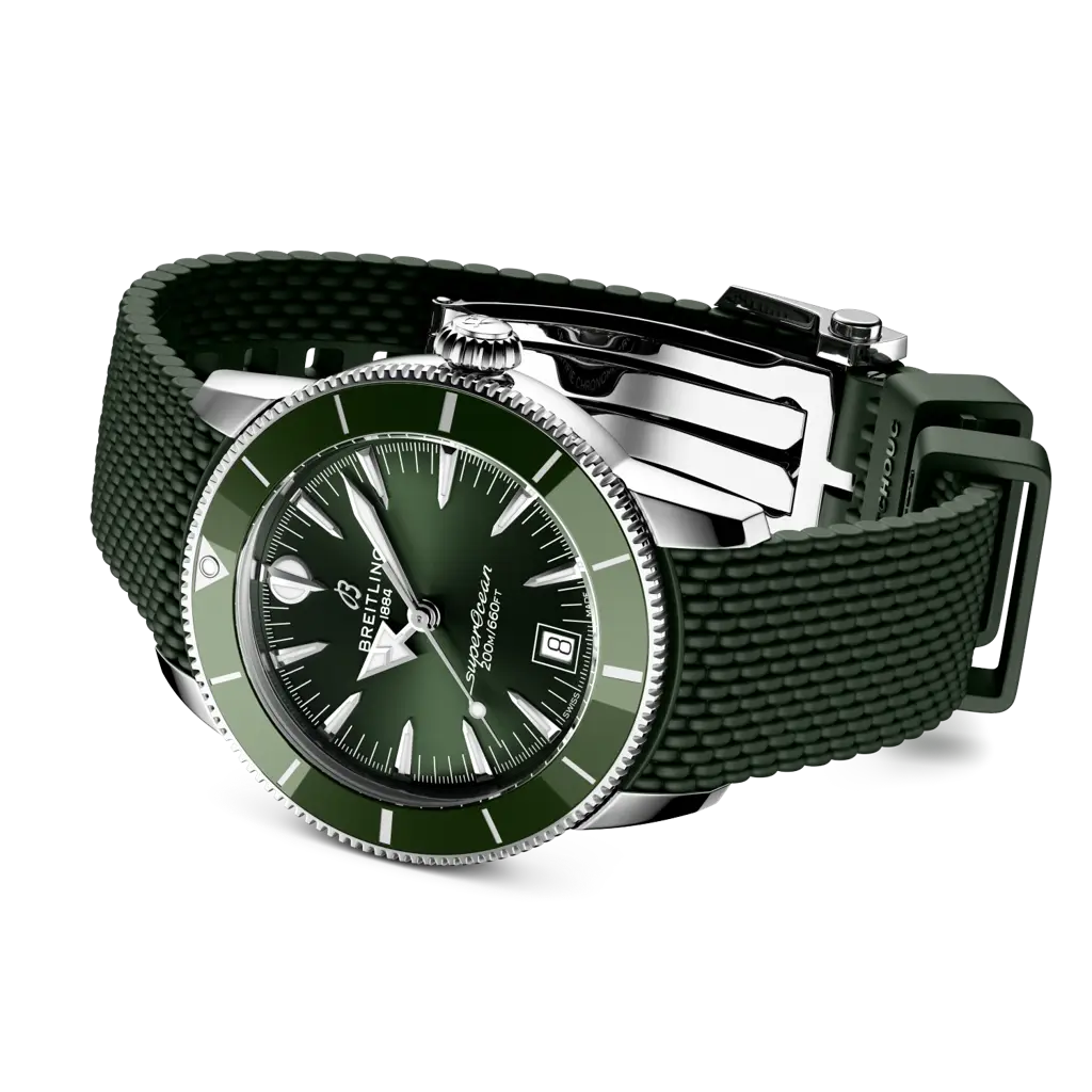 Cinturino verde in caucciù con chiusura pieghevole in acciaio inossidabile del Breitling Superocean Heritage B31 Automatic 40.