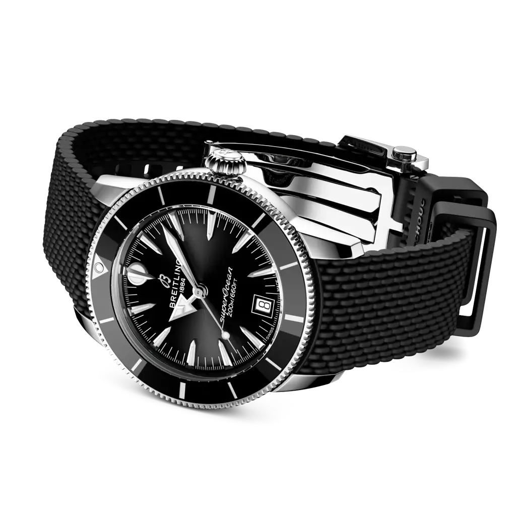 Cinturino in caucciù nero con chiusura pieghevole in acciaio inox dell'orologio Breitling Superocean Heritage B31 Automatic 40