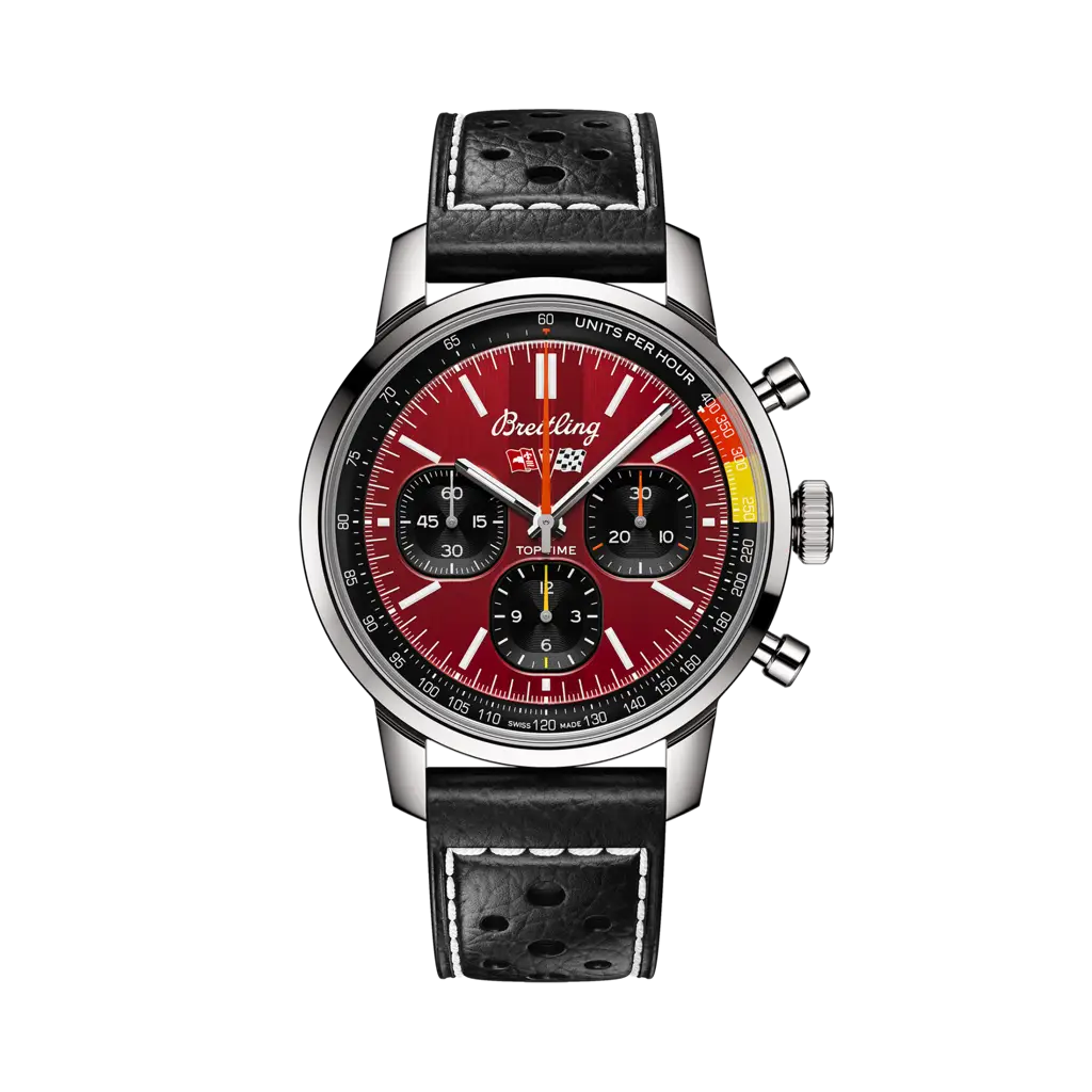 Breitling Top Time B01 Chevrolet Corvette con cassa in acciaio inox da 41 mm e quadrante rosso con dettagli sportivi vintage.