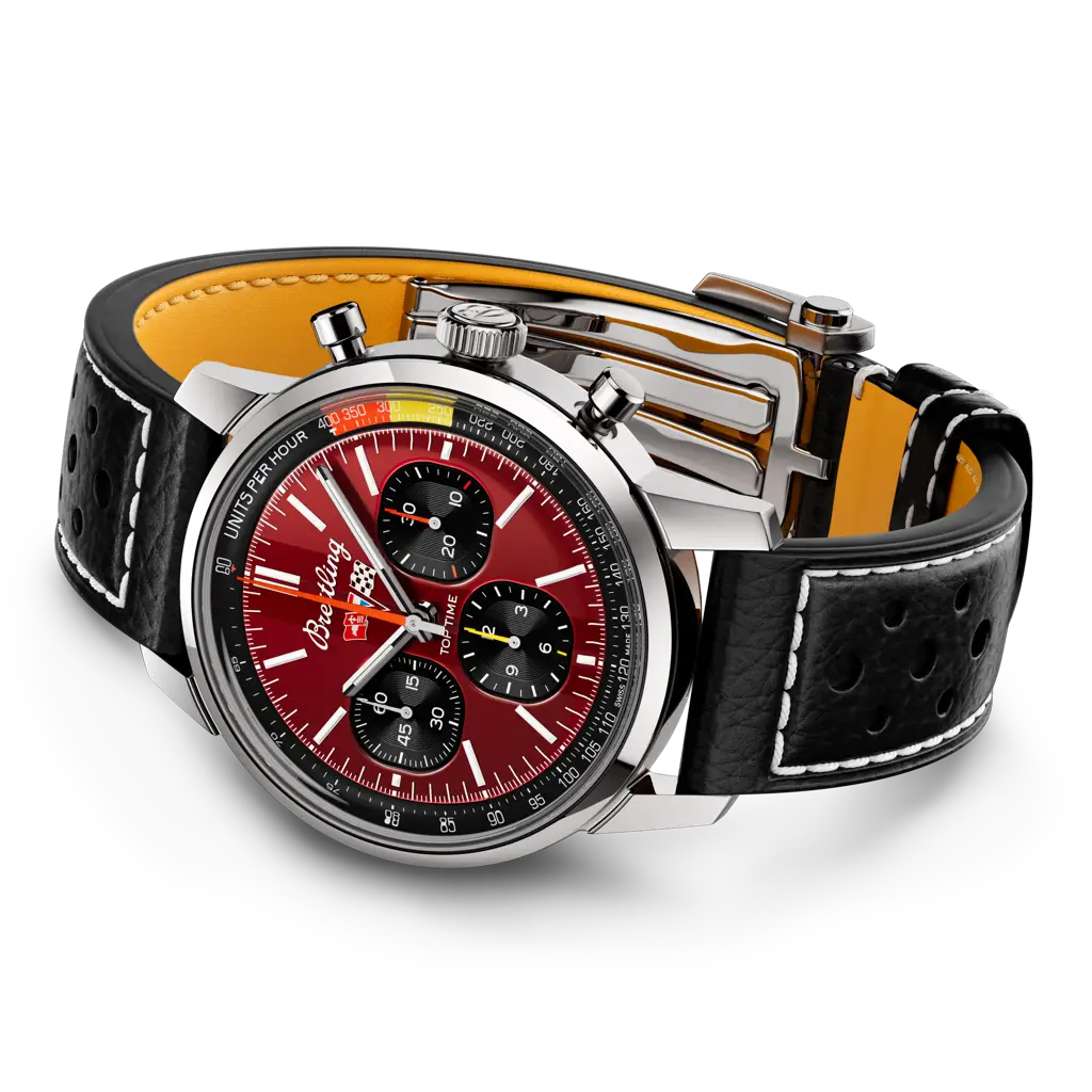 Vista laterale della cassa da 13,3 mm di spessore e corona non avvitata dell’orologio Breitling Top Time B01 Chevrolet Corvette.