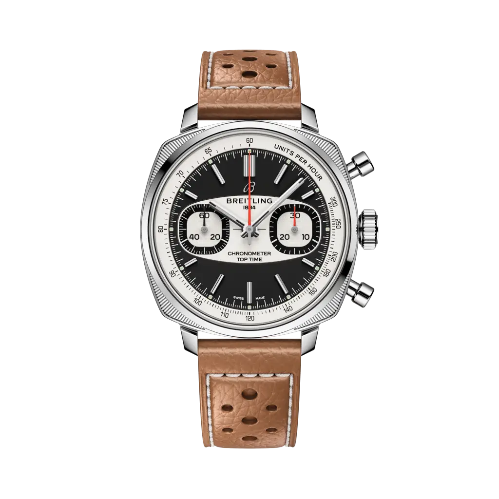 Breitling Top Time B01 Racing con cassa cushion in acciaio inox da 38 mm e quadrante nero con contatori bianchi vintage.