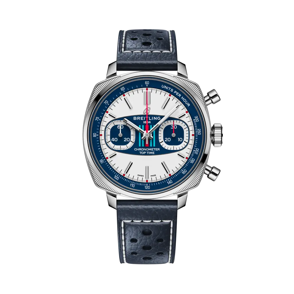 Breitling Top Time B01 Racing Martini con cassa cushion in acciaio da 38 mm e quadrante bianco con strisce blu e rosse iconiche.