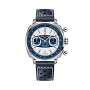 Breitling Top Time B01 Racing Martini con cassa cushion in acciaio da 38 mm e quadrante bianco con strisce blu e rosse iconiche.