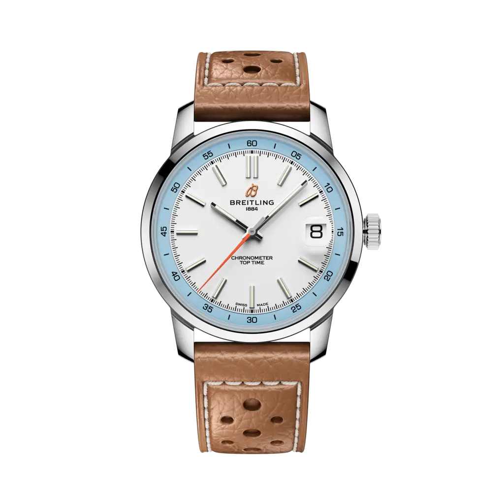 Breitling Top Time B31 con cassa in acciaio inox da 38 mm e quadrante protetto da vetro zaffiro bombato.