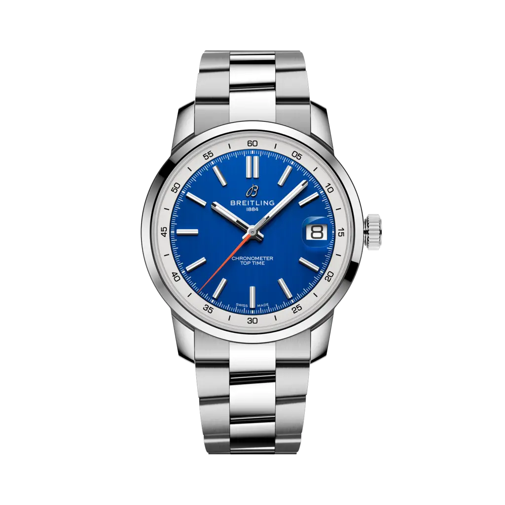 Breitling Top Time B31 con cassa in acciaio inox da 38 mm e quadrante blu con bracciale in acciaio inox.