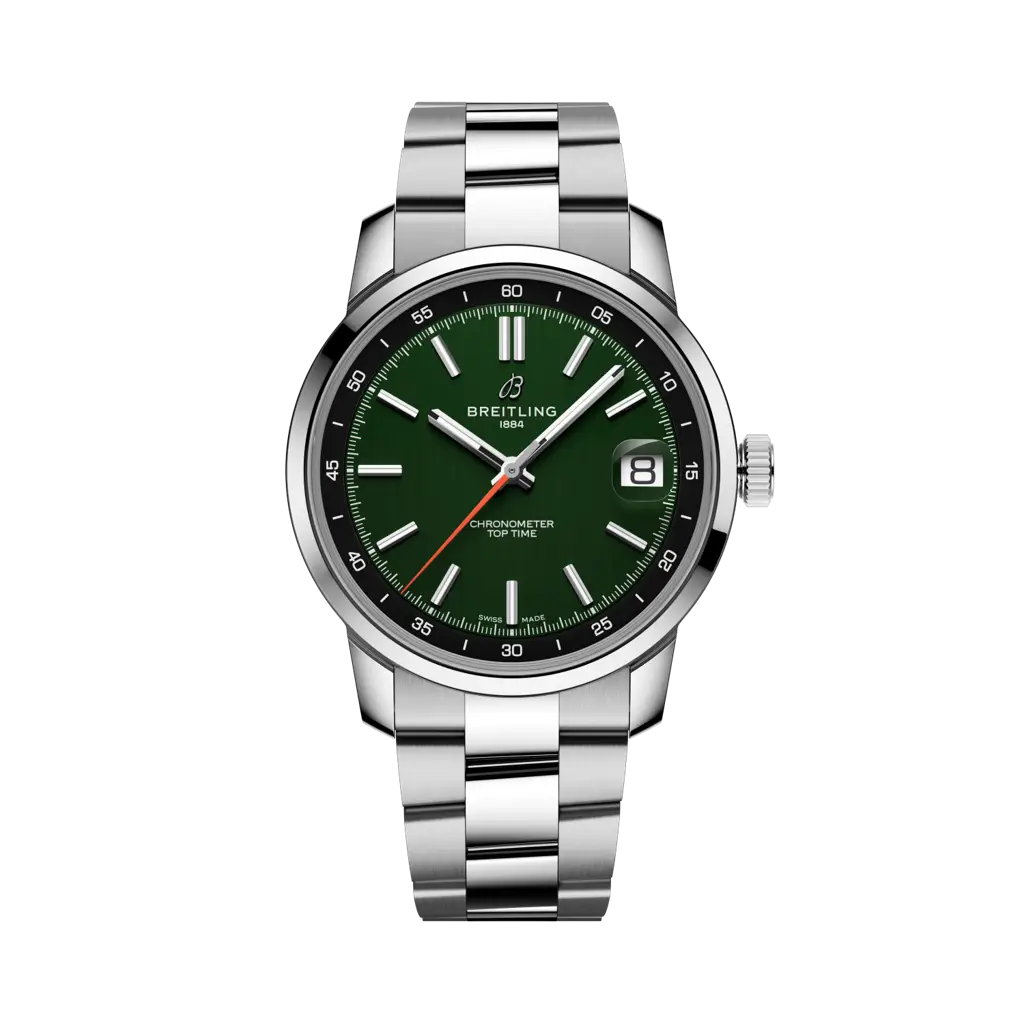 Breitling Top Time B31 con cassa in acciaio inox da 38 mm e quadrante protetto da vetro zaffiro bombato.