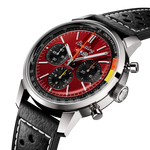 Load image into Gallery viewer, Dettaglio del cinturino in pelle di vitello nero traforata e fibbia pieghevole in acciaio dell’orologio Breitling Top Time Chevrolet Corvette.
