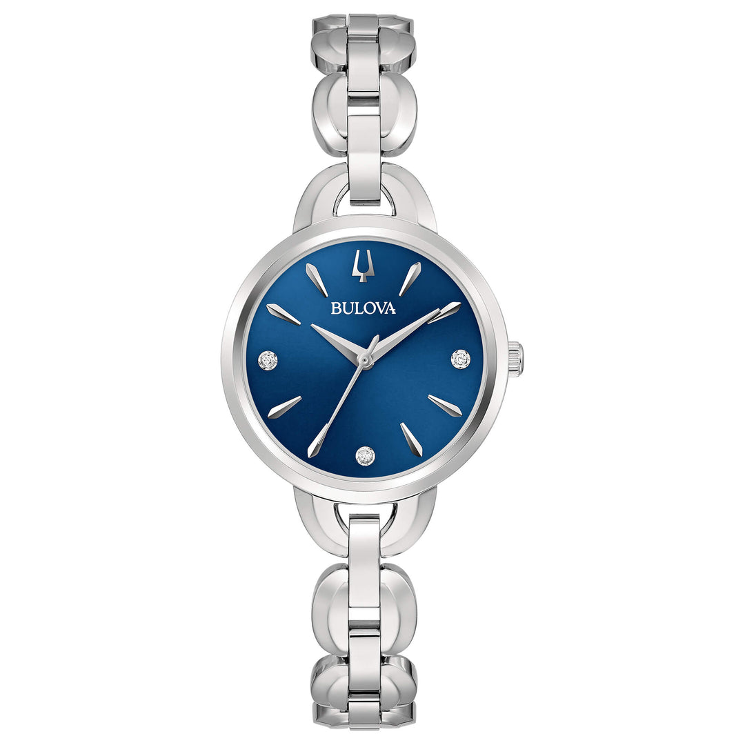 Bulova Classic Diamonds 96P231 con cassa in acciaio e quadrante blu lucido con diamanti incastonati.