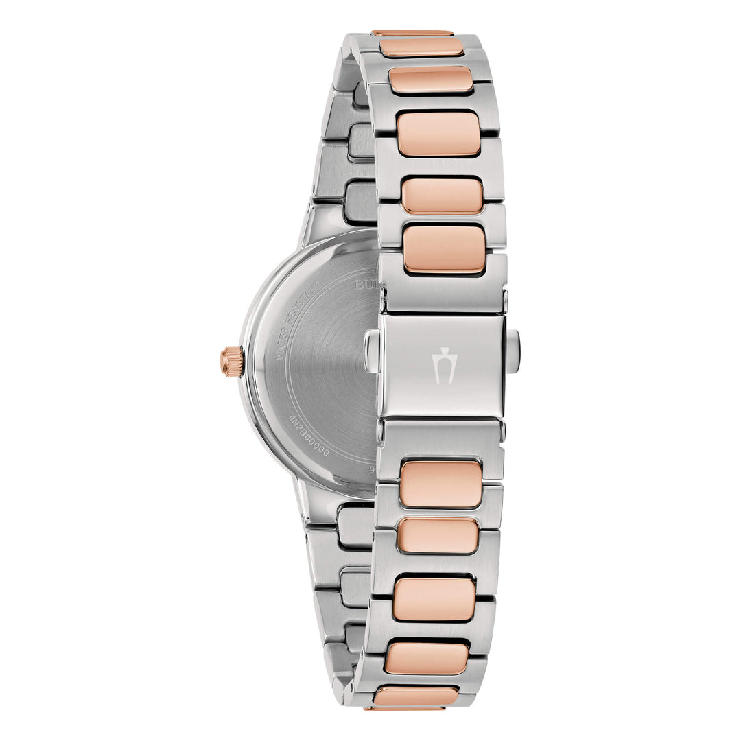 Cassa da 32 mm in acciaio con finitura bicolore acciaio e oro, bracciale in metallo con chiusura deployante a pulsanti