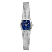 Bulova Goddess of Time 96L343 con cassa rettangolare in acciaio argento e quadrante in sodalite blu.