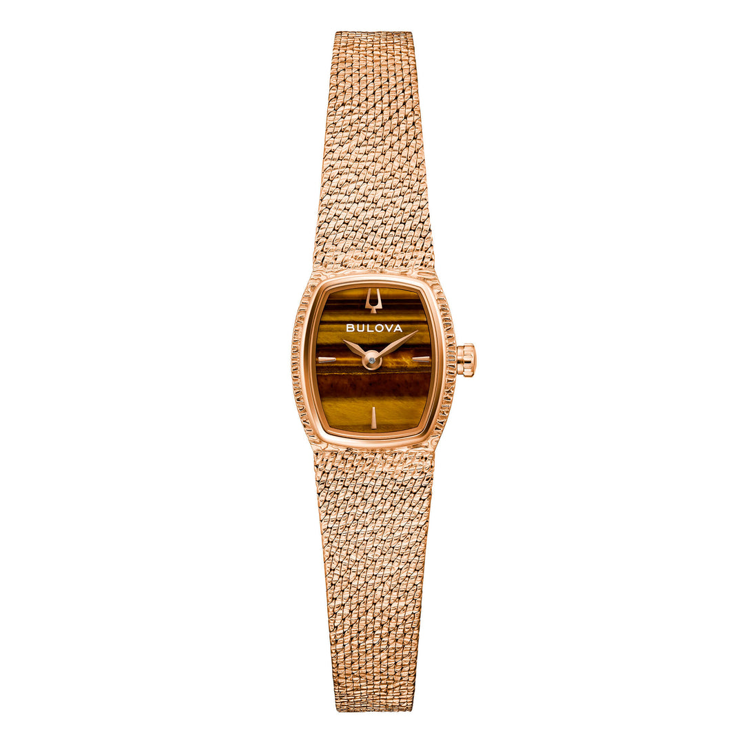 Bulova Goddess of Time 97L185 con cassa rettangolare oro rosa e quadrante occhio di tigre marrone.