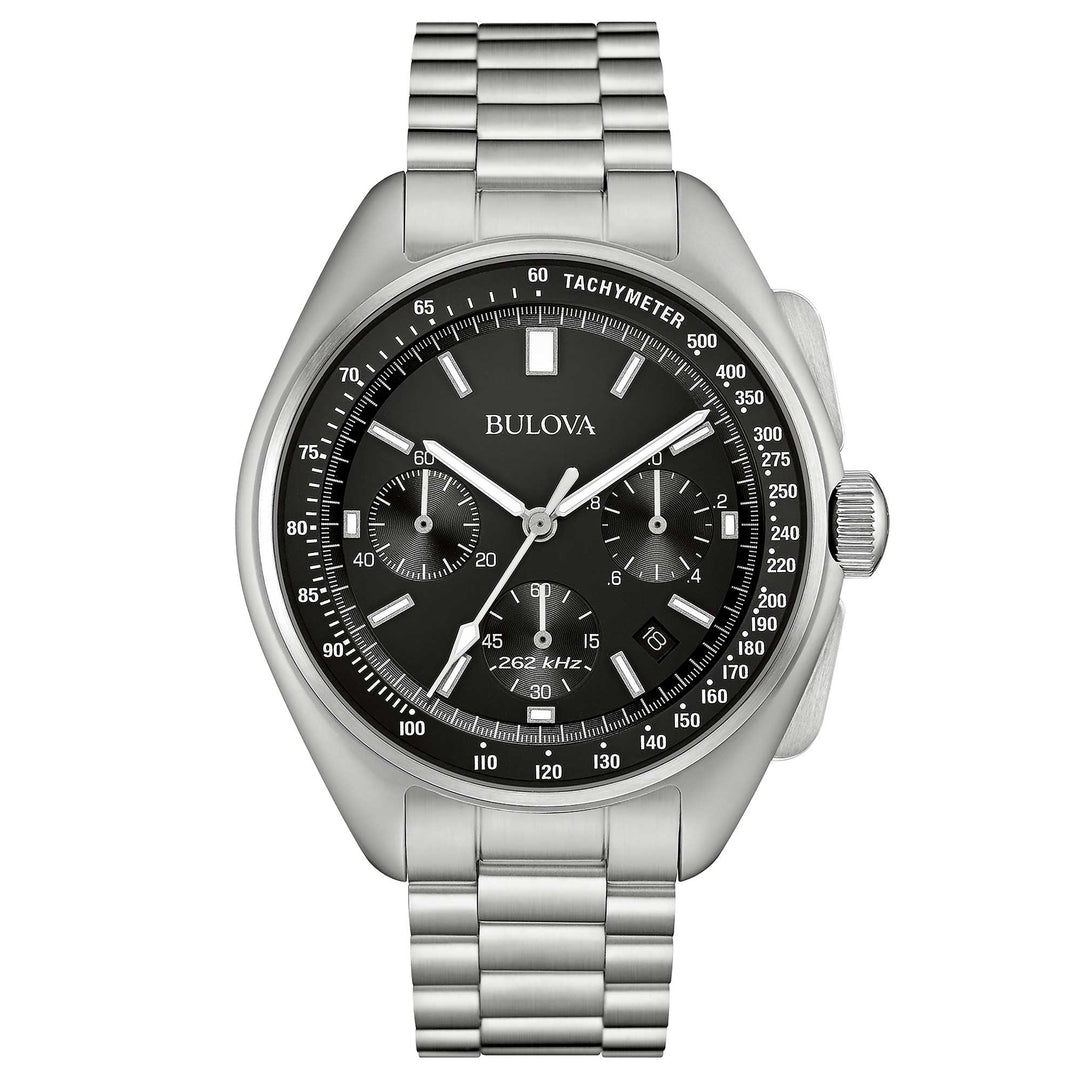 Bulova Lunar Pilot 96B258 con cassa in acciaio da 45 mm e quadrante nero con lancette luminose.