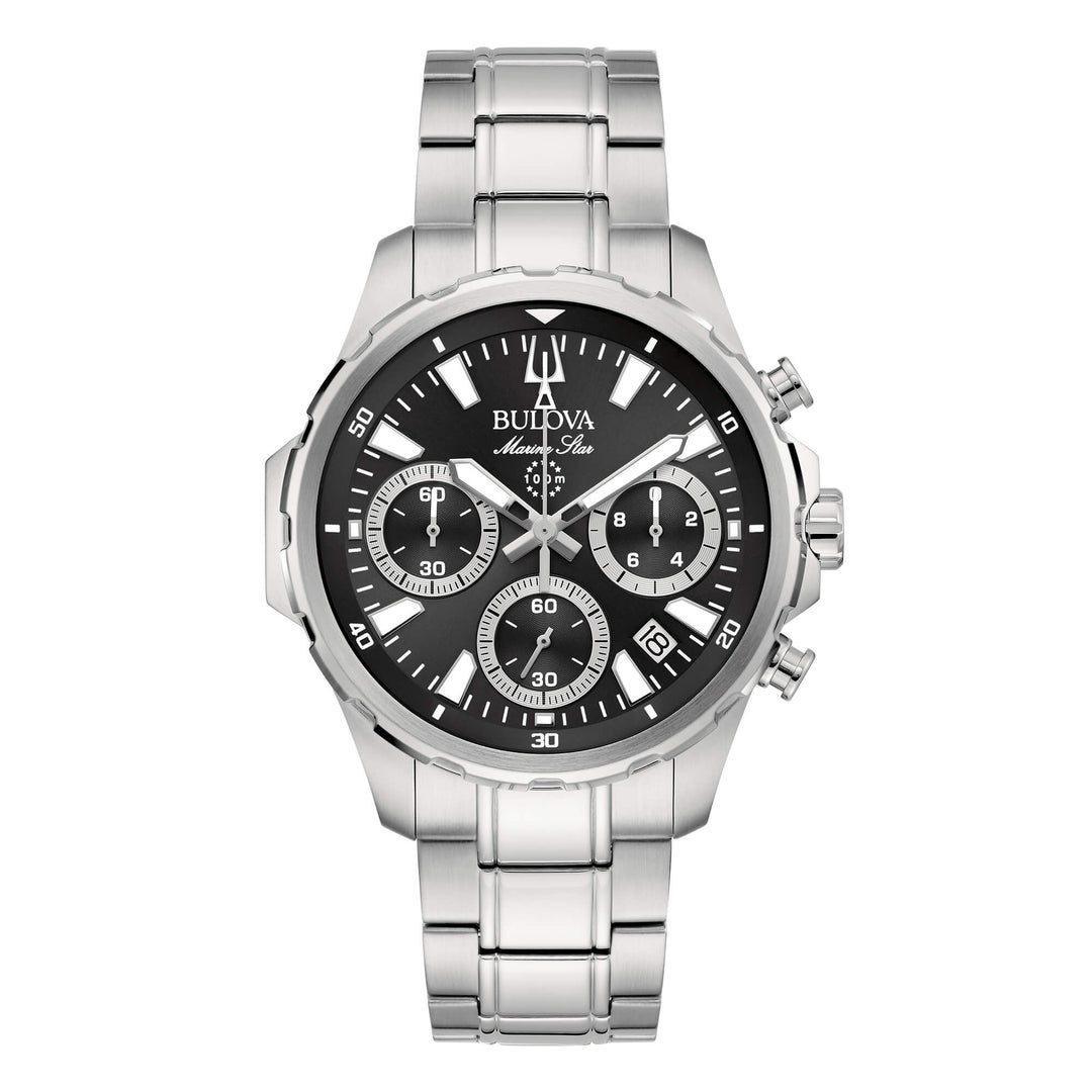 Bulova Marine Star Crono 96B467 con cassa in acciaio inox da 40 mm e quadrante nero con indici a bastoni.