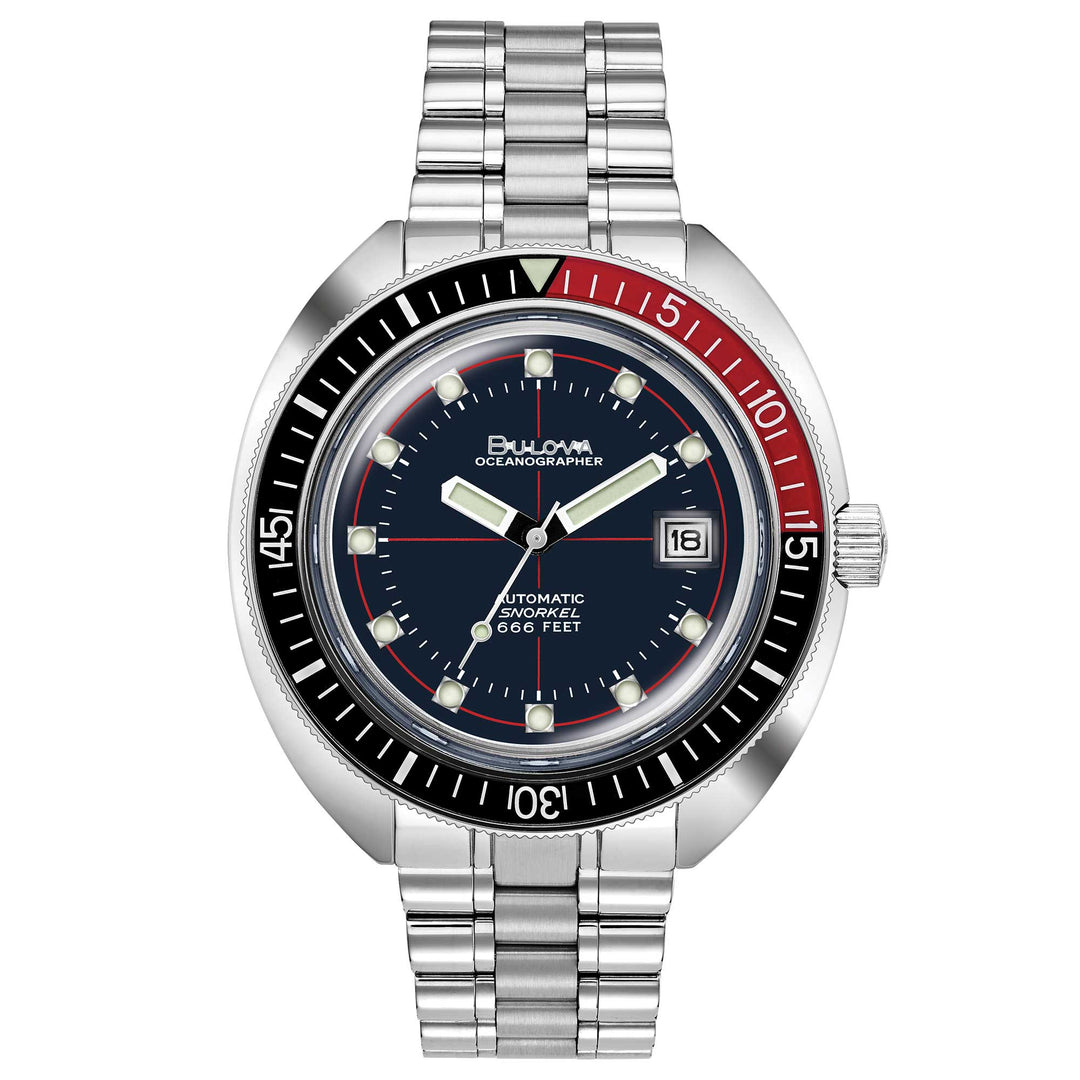 Bulova Oceanographer 98B320 con cassa in acciaio da 44 mm e ghiera nera e rossa girevole unidirezionale.