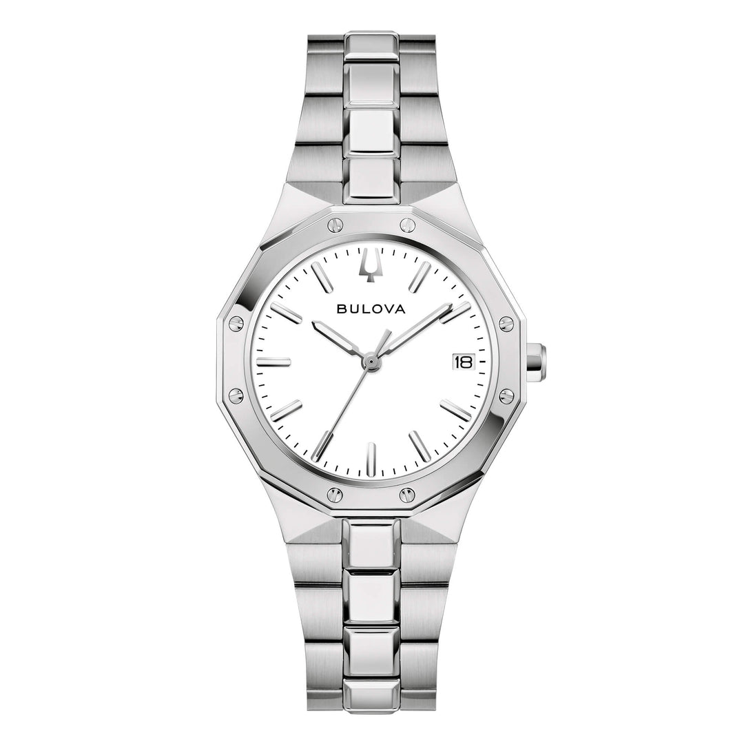 Bulova Octagon Lady 96M172 con cassa in acciaio da 32 mm e quadrante bianco con indici a bastoni.