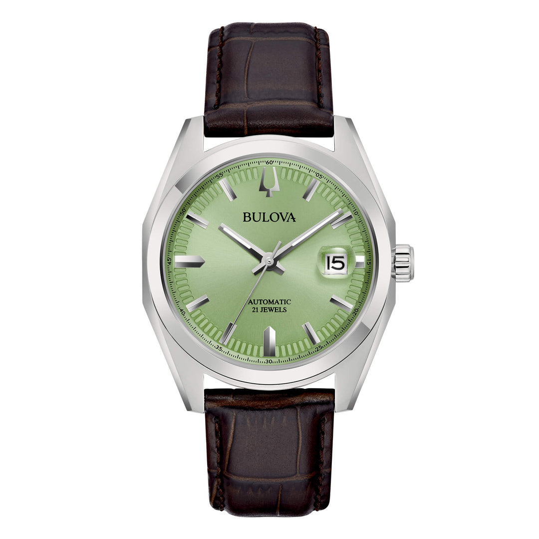 Bulova Surveyor Automatic 96B427 con cassa acciaio da 39 mm e quadrante verde sunray con datario.