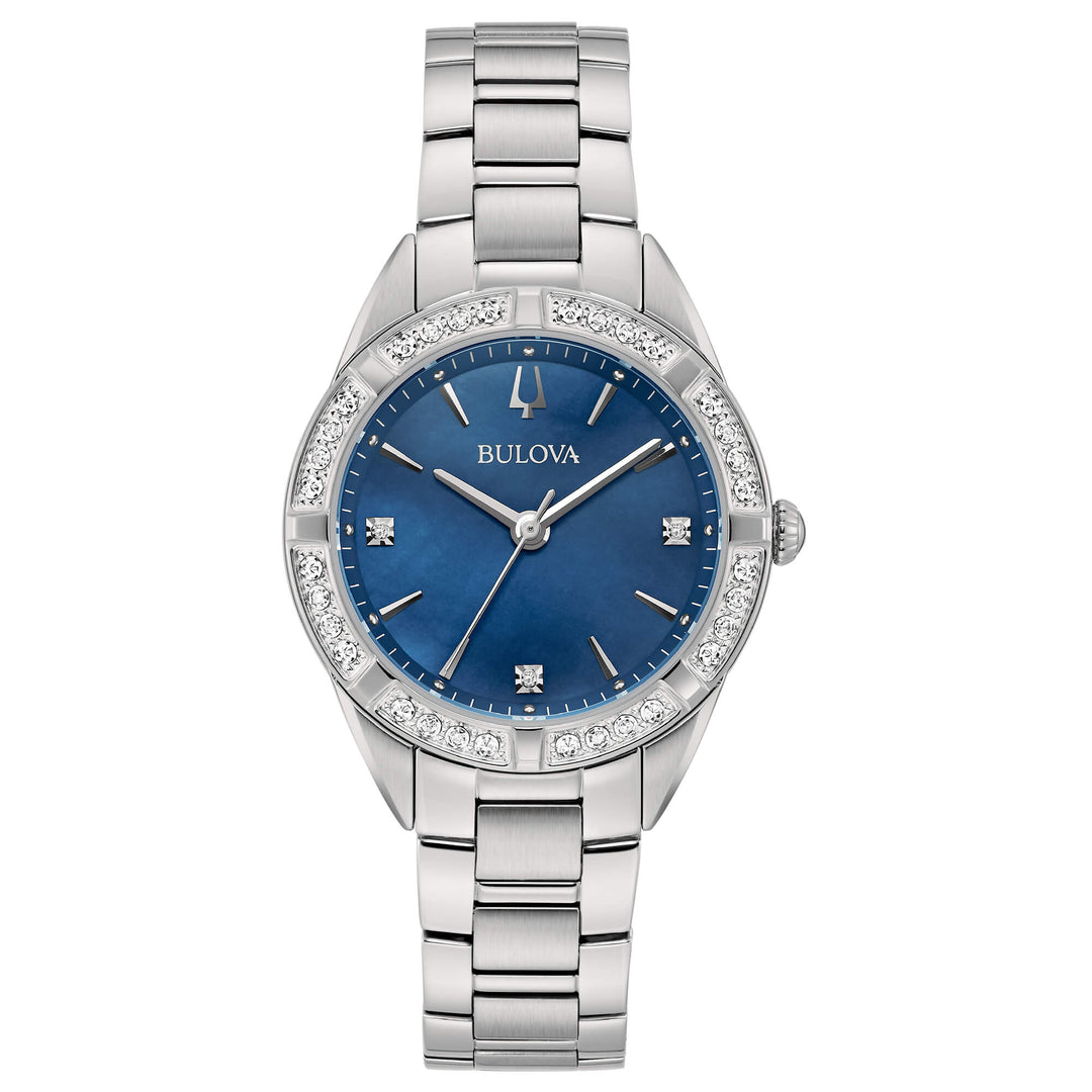 Quadrante analogico madreperla dell’orologio Bulova Sutton Lady 32 mm con indici sottili e dettagli diamantati