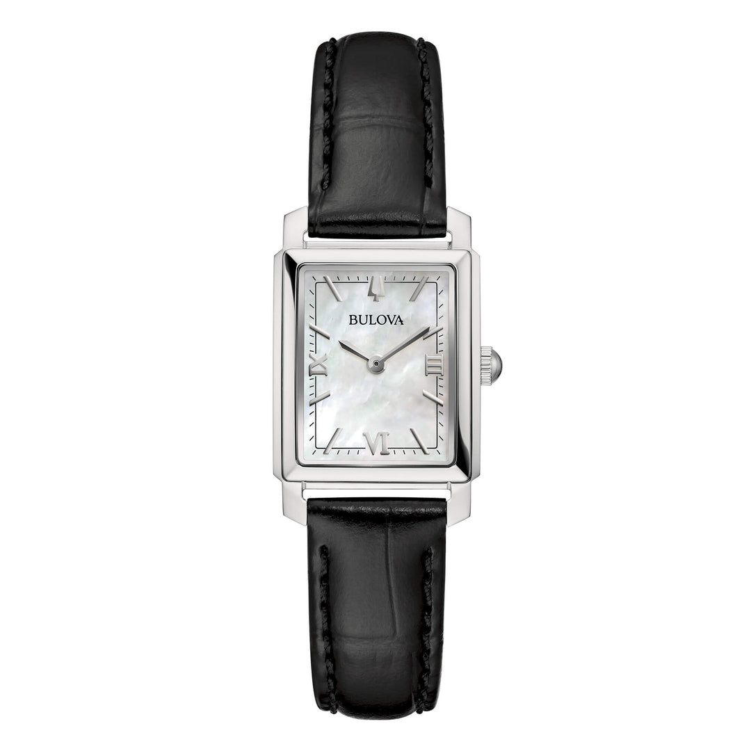 Bulova Sutton Tank 96L330 con cassa rettangolare in acciaio e quadrante madreperla bianca.