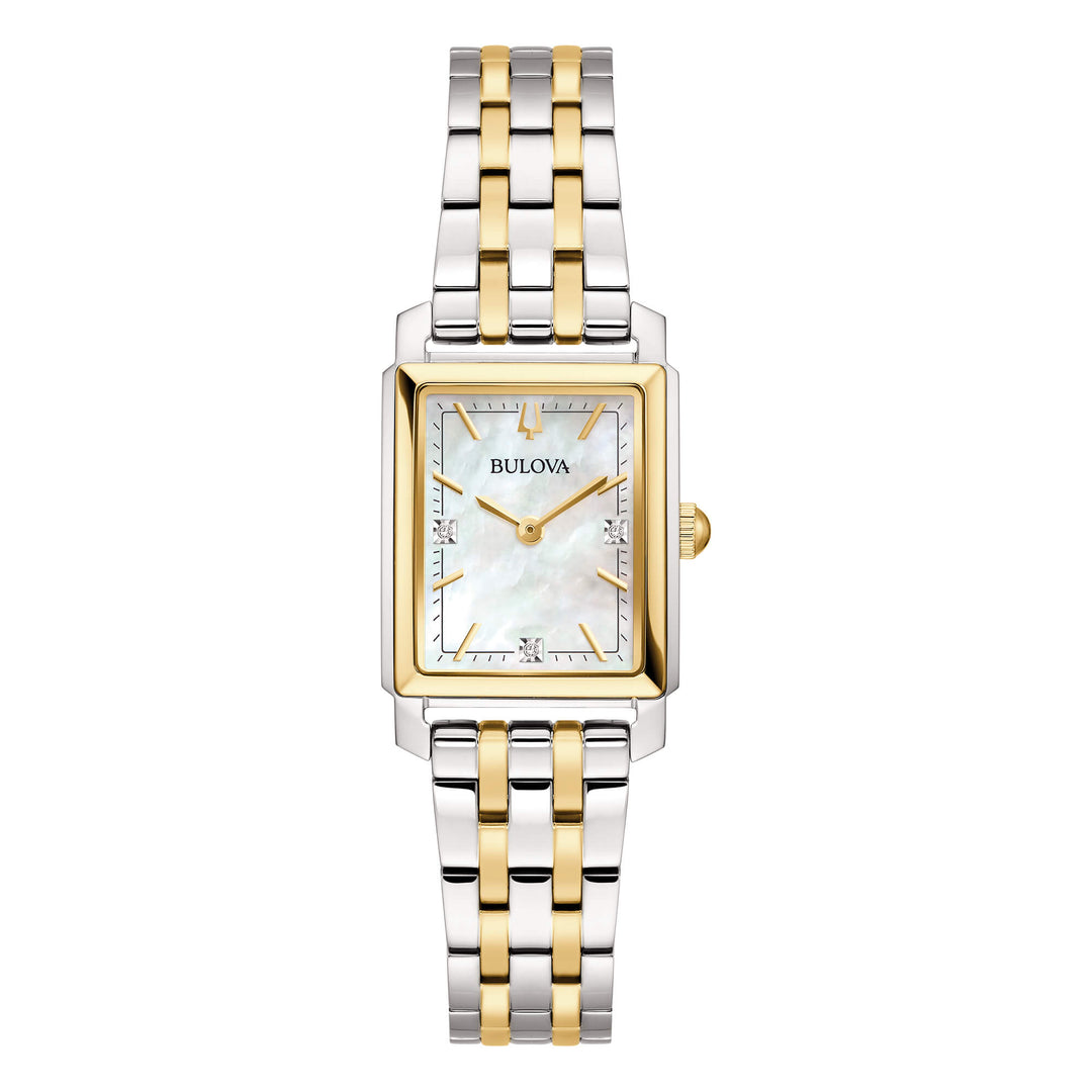 Bulova Sutton Tank 96P244 con cassa rettangolare in acciaio inox e quadrante madreperla bianca con diamanti.
