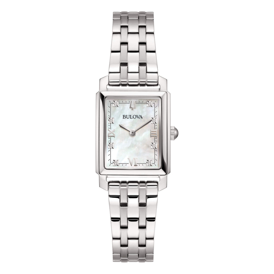 Quadrante bianco madreperla dell’orologio Bulova Sutton Tank 96P244 con 8 diamanti e numeri romani a ore 3, 6 e 9