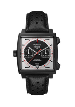 Load image into Gallery viewer, Tag Heuer Monaco Chronograph Stopwatch CAW218F.FC6356 - cassa titanio - cinturino in pelle nera - quadrante bianco/nero con cronografo e datario