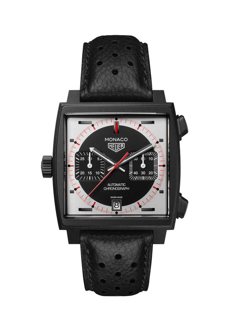 Tag Heuer Monaco Chronograph Stopwatch CAW218F.FC6356 - cassa titanio - cinturino in pelle nera - quadrante bianco/nero con cronografo e datario