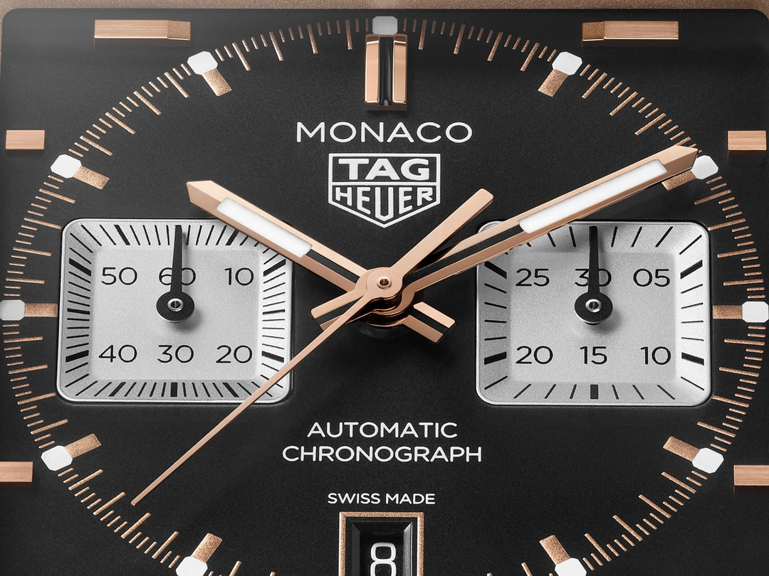 Tag Heuer Monaco Chronograph CDW2150.FC8360 - cassa titanio e oro rosa 18kt - cinturino pelle nero - quadrante nero con datario e cronografo