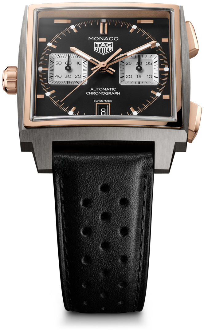Tag Heuer Monaco Chronograph CDW2150.FC8360 - cassa titanio e oro rosa 18kt - cinturino pelle nero - quadrante nero con datario e cronografo
