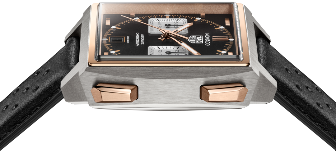 Tag Heuer Monaco Chronograph CDW2150.FC8360 - cassa titanio e oro rosa 18kt - cinturino pelle nero - quadrante nero con datario e cronografo