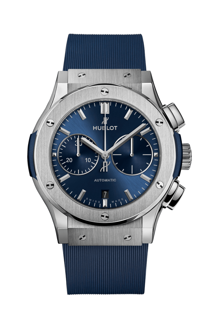 Hublot Classic Fusion Chronograph Titanium Blue 521.NX.7170.RX - cinturino gomma blu - cassa e lunetta titanio - quadrante blu con cronografo e datario