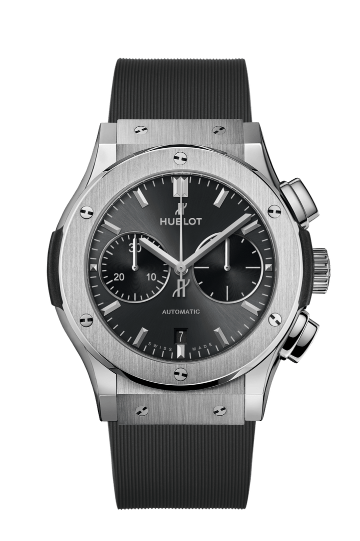 Hublot Classic Fusion Chronograph Titanium 521.NX.7071.RX - cinturino gomma nera - cassa in titanio - quadrante nero con crono e datario